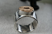 Load image into Gallery viewer, Signed Silver & 14K Gold Hammered Signet Floral Etched Wide Band Ring Size 7
