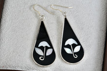 Load image into Gallery viewer, Alpaca Large Teardrop Black Enamel & Pearl Flower Inlay Dangle Hook Earrings