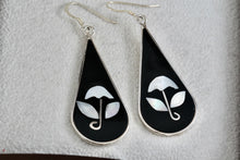 Load image into Gallery viewer, Alpaca Large Teardrop Black Enamel & Pearl Flower Inlay Dangle Hook Earrings