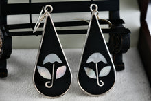 Load image into Gallery viewer, Alpaca Large Teardrop Black Enamel & Pearl Flower Inlay Dangle Hook Earrings