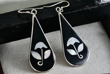 Load image into Gallery viewer, Alpaca Large Teardrop Black Enamel & Pearl Flower Inlay Dangle Hook Earrings