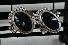Load image into Gallery viewer, Vintage Silver Mexico Black Onyx Carved Masked Clip-On Screw-Back Earrings