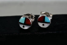 Load image into Gallery viewer, Native American Zuni Coral, Turquoise, Pearl & Onyx Inlay Silver Round Stud Earring