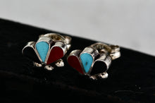 Load image into Gallery viewer, Native American Zuni Onyx, Turquoise, & Red Coral Trio Inlay Silver Stud Earrings
