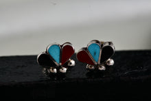 Load image into Gallery viewer, Native American Zuni Onyx, Turquoise, & Red Coral Trio Inlay Silver Stud Earrings