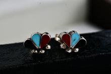 Load image into Gallery viewer, Native American Zuni Onyx, Turquoise, & Red Coral Trio Inlay Silver Stud Earrings