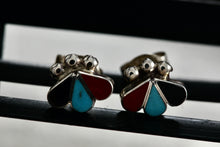 Load image into Gallery viewer, Native American Zuni Onyx, Turquoise, & Red Coral Trio Inlay Silver Stud Earrings