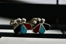 Load image into Gallery viewer, Native American Zuni Onyx, Turquoise, & Red Coral Trio Inlay Silver Stud Earrings