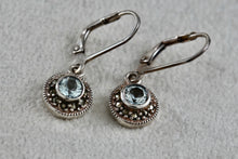 Load image into Gallery viewer, DBJ Sterling Silver Round Aquamarine Rhinestone Dangle Clip-On Earrings