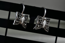 Load image into Gallery viewer, Vintage SU Sterling Silver Small Rhinestone Butterfly Dangle Hook Earrings