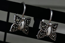 Load image into Gallery viewer, Vintage SU Sterling Silver Small Rhinestone Butterfly Dangle Hook Earrings