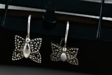 Load image into Gallery viewer, Vintage SU Sterling Silver Small Rhinestone Butterfly Dangle Hook Earrings