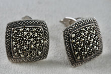 Load image into Gallery viewer, Large Sterling Silver Marcasite Square Cushion Rhinestone Clip-On Earrings Signed MJ