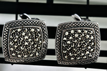 Load image into Gallery viewer, Large Sterling Silver Marcasite Square Cushion Rhinestone Clip-On Earrings Signed MJ