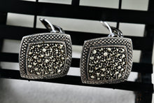 Load image into Gallery viewer, Large Sterling Silver Marcasite Square Cushion Rhinestone Clip-On Earrings Signed MJ