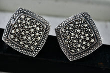 Load image into Gallery viewer, Large Sterling Silver Marcasite Square Cushion Rhinestone Clip-On Earrings Signed MJ