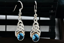 Load image into Gallery viewer, Sterling Silver Oval Blue Topaz Celtic Knot Dangle Hook Earrings