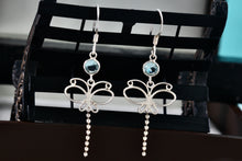 Load image into Gallery viewer, Sterling Silver Aquamarine Dragonfly Dangle Hook Earrings