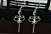 Load image into Gallery viewer, Sterling Silver Aquamarine Dragonfly Dangle Hook Earrings