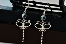 Load image into Gallery viewer, Sterling Silver Aquamarine Dragonfly Dangle Hook Earrings
