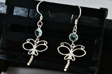 Load image into Gallery viewer, Sterling Silver Aquamarine Dragonfly Dangle Hook Earrings