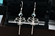 Load image into Gallery viewer, Sterling Silver Aquamarine Dragonfly Dangle Hook Earrings