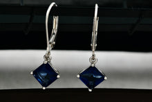 Load image into Gallery viewer, Sterling Silver Square Blue Sapphire Dangle Hook Earrings Signed NV