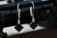 Load image into Gallery viewer, Sterling Silver Square Blue Sapphire Dangle Hook Earrings Signed NV