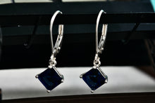 Load image into Gallery viewer, Sterling Silver Square Blue Sapphire Dangle Hook Earrings Signed NV
