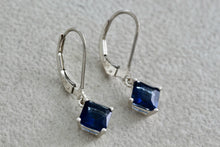 Load image into Gallery viewer, Sterling Silver Square Blue Sapphire Dangle Hook Earrings Signed NV