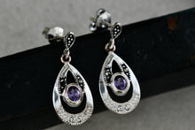 Load image into Gallery viewer, Sterling Silver Oval Purple Amethyst Dangle Rhinestone Marcasite Teardrop Stud Earrings