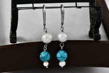 Load image into Gallery viewer, Handmade Sterling Silver Dangle Pearl & Turquoise Bead Ball Dangle Hook Earrings