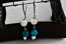 Load image into Gallery viewer, Handmade Sterling Silver Dangle Pearl & Turquoise Bead Ball Dangle Hook Earrings