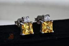 Load image into Gallery viewer, FAS Sterling Silver Square Citrine Gemstone CZ Diamond Stud Earrings