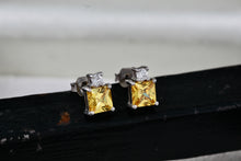 Load image into Gallery viewer, FAS Sterling Silver Square Citrine Gemstone CZ Diamond Stud Earrings