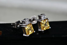Load image into Gallery viewer, FAS Sterling Silver Square Citrine Gemstone CZ Diamond Stud Earrings