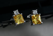 Load image into Gallery viewer, FAS Sterling Silver Square Citrine Gemstone CZ Diamond Stud Earrings