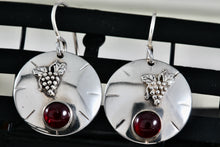 Load image into Gallery viewer, Vintage Sterling Silver Red Rubellite Stone Grapevine Disc Dangle Hook Earrings