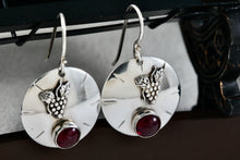 Load image into Gallery viewer, Vintage Sterling Silver Red Rubellite Stone Grapevine Disc Dangle Hook Earrings