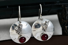 Load image into Gallery viewer, Vintage Sterling Silver Red Rubellite Stone Grapevine Disc Dangle Hook Earrings