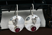 Load image into Gallery viewer, Vintage Sterling Silver Red Rubellite Stone Grapevine Disc Dangle Hook Earrings