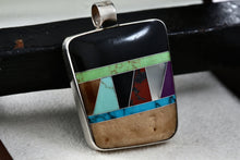 Load image into Gallery viewer, Native American Reversible Multi Gemstone & Malachite Inlay Large Square Silver Pendant