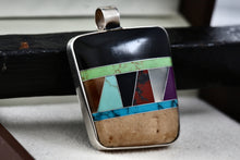 Load image into Gallery viewer, Native American Reversible Multi Gemstone & Malachite Inlay Large Square Silver Pendant