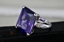 Load image into Gallery viewer, Sterling Silver Large Rectangle Purple Sapphire CZ Diamond Cocktail Ring Size 7