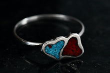 Load image into Gallery viewer, Native American Silver Red Coral & Blue Turquoise Chip Inlay Double Heart Mini Ring Size 5