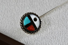 Load image into Gallery viewer, Native American Silver Coral, Pearl, Onyx & Turquoise Inlay Handmade Hair Pin Brooch