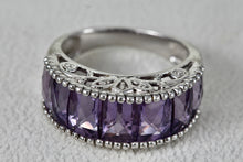 Load image into Gallery viewer, Sterling Silver Large Purple Amethysts Row Emerald Cut Filigree Dome Ring Size 9