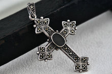Load image into Gallery viewer, Sterling Silver Oval Onyx Cross Pendant Vintage Signed GSJ