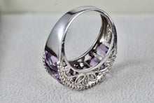 Load image into Gallery viewer, Sterling Silver Large Purple Amethysts Row Emerald Cut Filigree Dome Ring Size 9