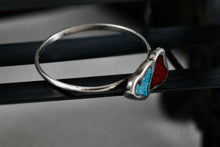 Load image into Gallery viewer, Native American Silver Red Coral & Blue Turquoise Chip Inlay Double Heart Mini Ring Size 5